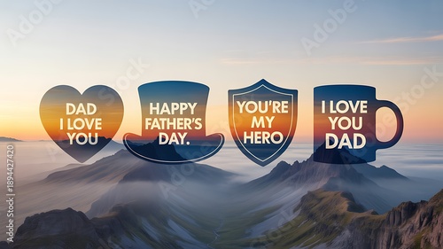 Fathers Day icons misty mountain landscape sunrise gradient sky