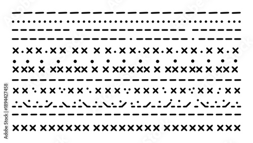 Variety of sewing embroidery stitch patterns, stitching marks, and decorative elements in black ink.
