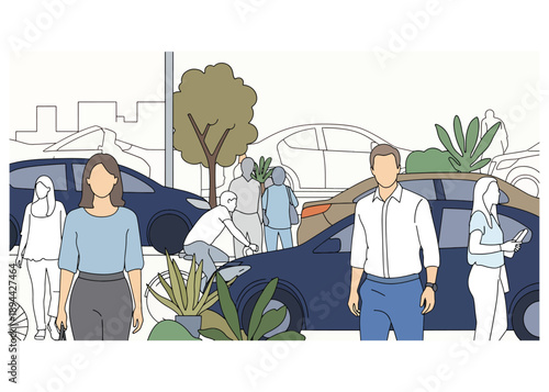 Modern Residential Community Scene with People Walking – Urban Architecture Landscape Design