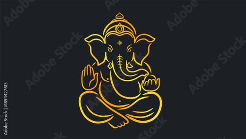 Elegant Golden Outline Lord Ganesha Sitting in Meditation Religious Illustration