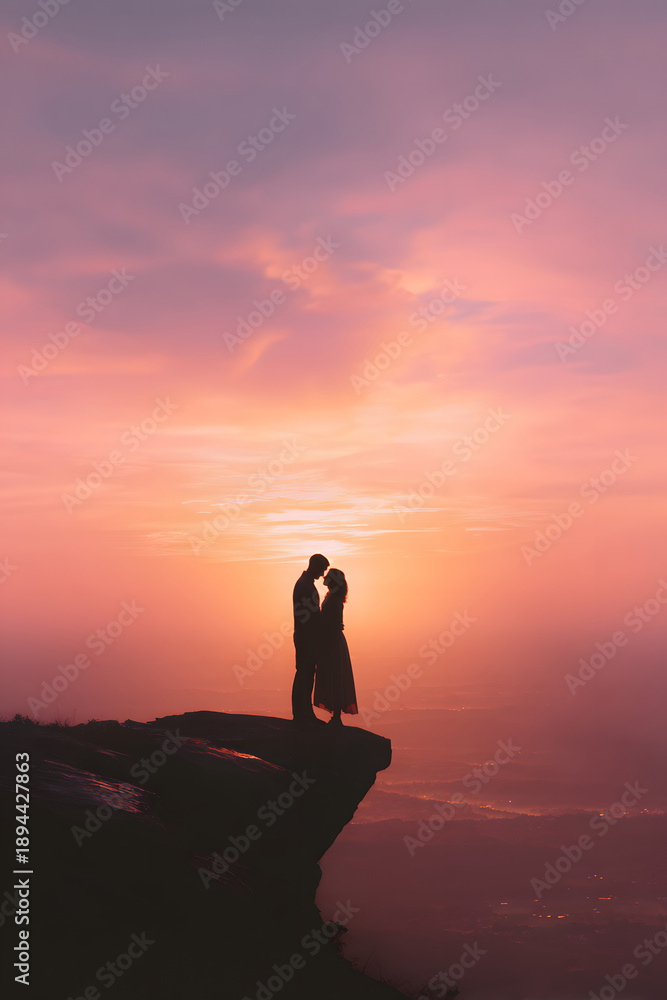Obraz premium Romantic Embrace at Sunset on a Mountain Peak