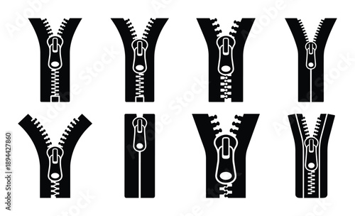 Various zipper designs in glyph style. Clothing fasteners set. Fashion industry vector graphic. Black and white.