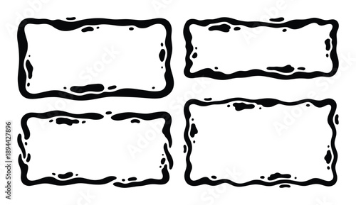 Vector frames featuring a black uneven border. Rectangular shape with grunge style and ink splatter effects.
