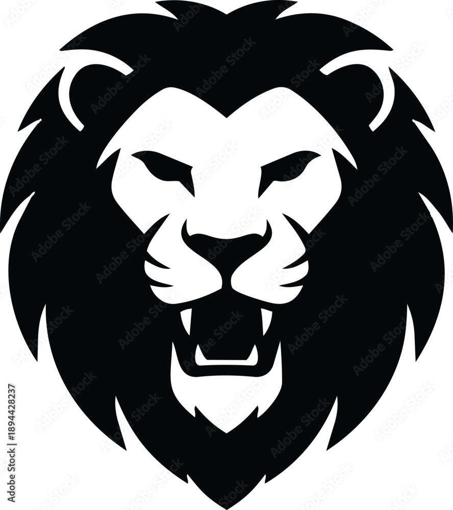 Fototapeta premium Fierce black and white lion head with open mouth vector illustration for branding