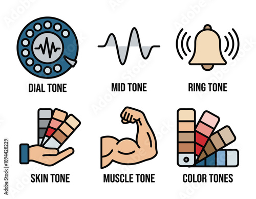 Vector illustration displaying various types of tones, including dial tone, mid tone, ring tone, skin tone and more.