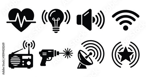 Vector illustration icons depicting various signals, communication, and scientific technology in glyph style.