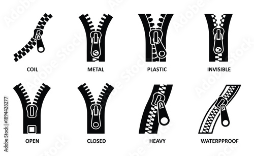 Vector illustration of different zipper types in black glyphs including coil, metal, plastic, and waterproof.