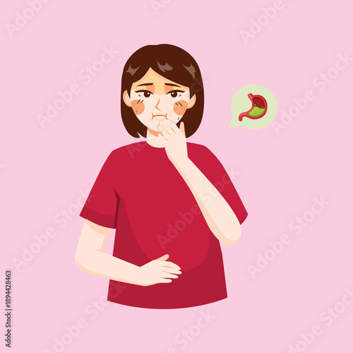 An illustration of a woman experiencing nausea and digestive discomfort, suitable for health education and medical symptom awareness content.