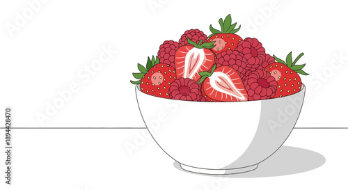 A bowl filled with fresh strawberries and raspberries, simple vector illustration.