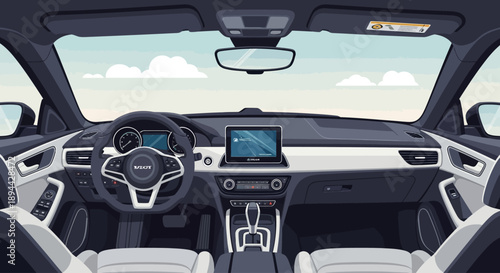 View from inside a modern car, looking at the dashboard and windshield.