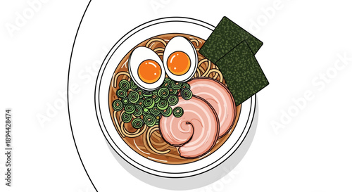 A colorful vector illustration of traditional Japanese ramen noodles in a bowl.