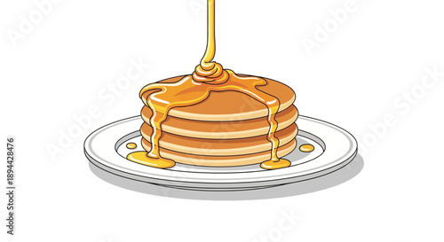 Cartoon vector illustration of a stack of pancakes drenched in golden syrup