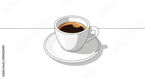 Minimalist line art illustration of a coffee cup with espresso on a saucer.