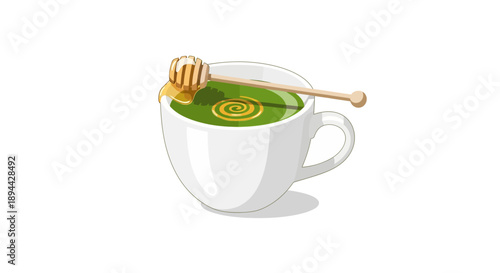 Green tea with honey dipper vector illustration