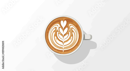 Delicious latte art coffee in a white cup, top down view.
