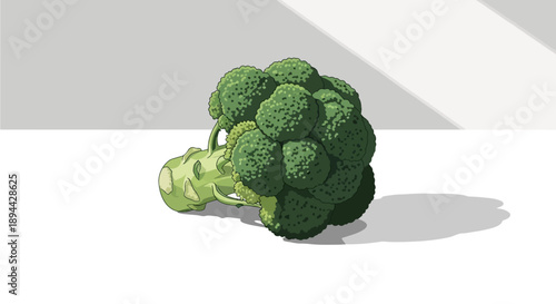 A fresh green broccoli head on a clean white surface with natural light.