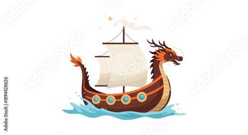 Colorful Dragon Boat Sailing on Waves Illustration