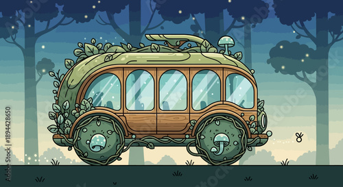 Whimsical nature bus in an enchanted forest with glowing fireflies.