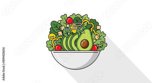 Healthy fresh avocado salad in a bowl with vibrant vegetables, flat design vector