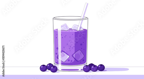 Refreshing blueberry smoothie with ice and straw illustration.