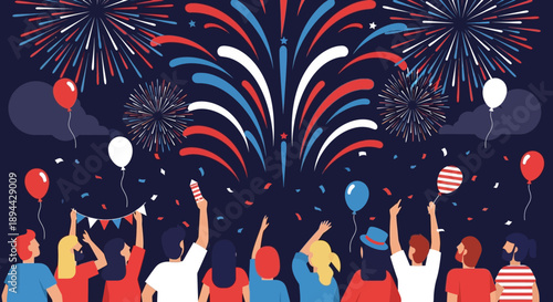 Cheerful Flat Illustration of People Celebrating a National Holiday with Fireworks