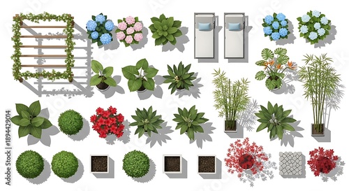 Top view of garden elements including hydrangeas, red azaleas, bamboo, lounge chairs, and wooden pergola.