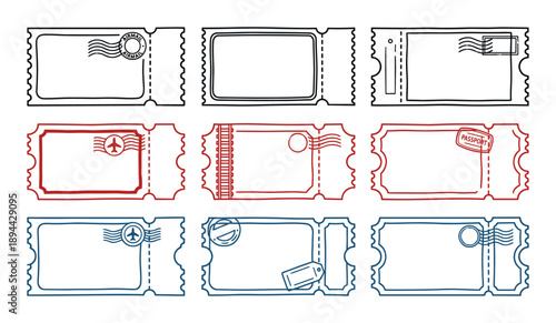 Vintage hand-drawn style travel ticket stubs. Different colors and stamps in outline style. Vector set