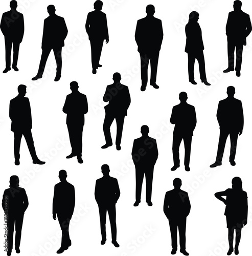 Business silhouettes, professional people, standing poses, workplace diversity, black design, career icons, corporate attire, minimal style, team concept, office graphic