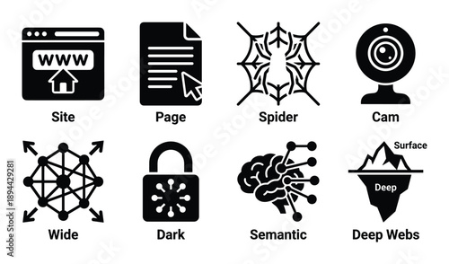 Web type glyphs icons collection. Black vector symbols represent website, page, spider, cam, and more.