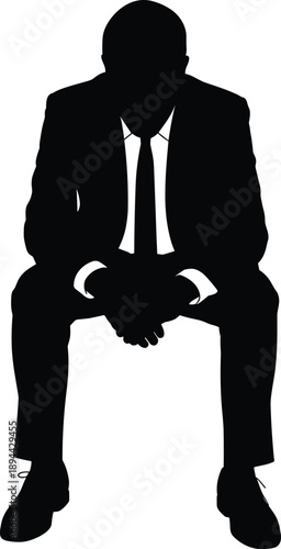 Businessman silhouette, seated pose, formal attire, suit and tie, contemplative posture, professional figure, introspective mood, corporate concept, serious expression, minimal design