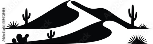 Desert landscape with sand dunes and cacti plants silhouette on transparent background