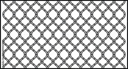 Geometric ornamental lattice pattern background with black wavy trellis on transparent backdrop