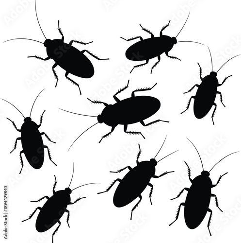 Cockroach silhouettes, insect icons, pest control, black design, bug illustration, entomology graphic, vector style, creepy crawlers, minimal art, biology theme