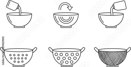 Outline kitchen colander and mixing bowl icons set showing pouring washing straining food preparation process steps vector illustration