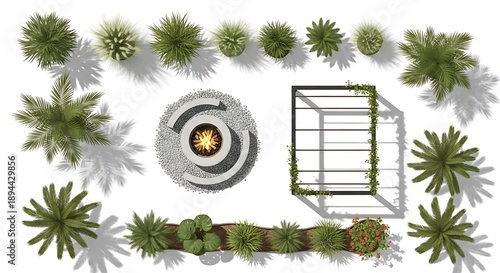 Top view of a modern outdoor lounge area with a fire pit, pergola, palm trees, and various plants.