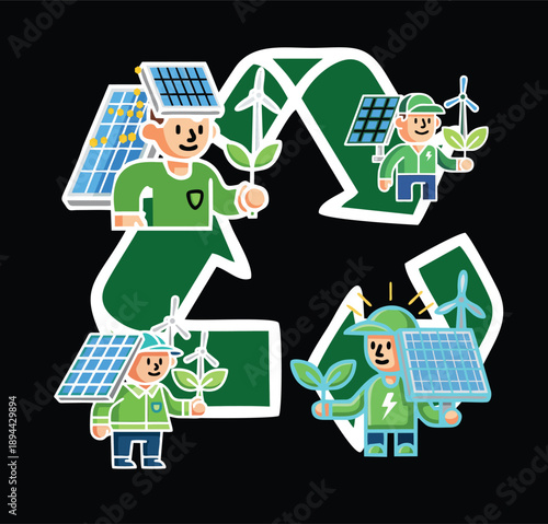 Sustainable Energy and Recycling Characters Flat Vector Illustration