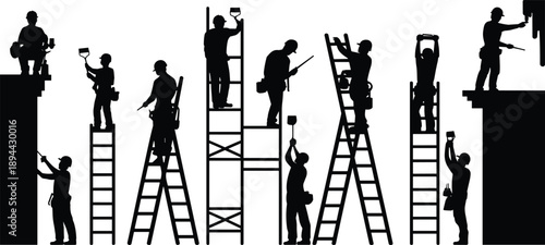 Construction workers silhouette, scaffolding scene, ladder tasks, teamwork illustration, black design, industrial labor, safety gear, vector graphic, building site, minimal style