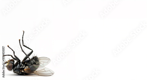 Dead Housefly Lying on its Back Isolated on White Background.