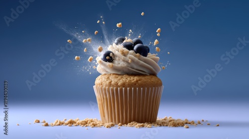 A blueberry muffin exploding with dynamic splash effect, crumbs and berries flying in midair, isolated on clean background, cinematic high-speed photography style, dramatic lighting with sharp