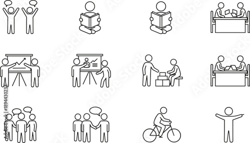 Outline people activity and education icons set featuring learning teamwork meeting discussion presentation cycling and lifestyle scenes