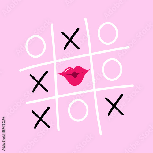 Tic tac toe kiss, love game. Vector Illustration for printing, backgrounds, covers and packaging. Image can be used for greeting cards, posters, stickers and textile. Isolated on white background.