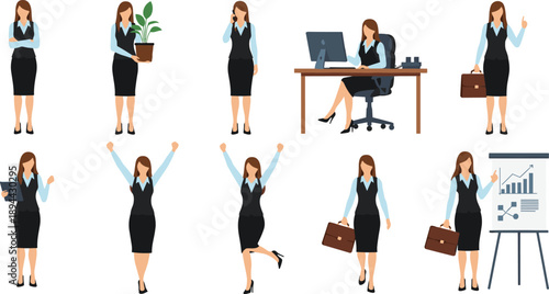 Businesswoman in various professional poses and activities, showcasing workplace diversity, career success, communication, and productivity in modern corporate illustration set.