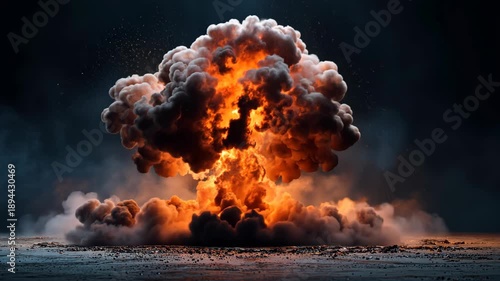A dramatic mushroom cloud explosion bursts with orange and yellow flames against a dark sky