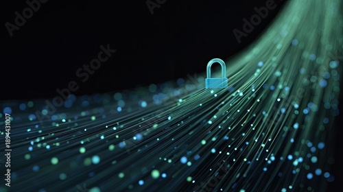 Conceptual representation of digital security with lock symbol amidst flowing data streams, symbolizing protection and encryption in cyberspace