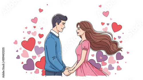 A loving couple holding hands surrounded by flying hearts illustration.