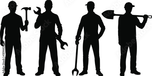 Construction worker silhouettes with hammer wrench shovel tools, industrial labor teamwork concept, black isolated vector illustration