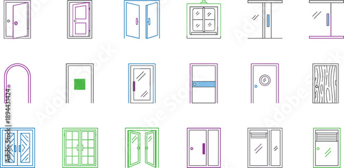 Outline colorful door and window icons set featuring interior exterior entrance glass frame and architectural design elements
