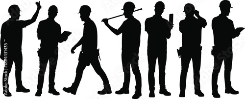 Construction worker silhouettes with tools and documents, builders walking and inspecting work, industrial labor professions isolated on white background