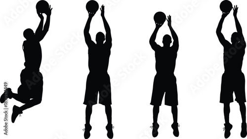 Basketball jump shot silhouette sequence, athlete shooting ball in mid air, dynamic sports action black vector illustration