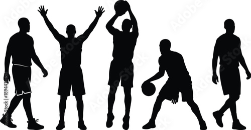 Basketball player silhouettes set, men performing jump shot, dribbling and celebrating victory, sports action black vector illustration